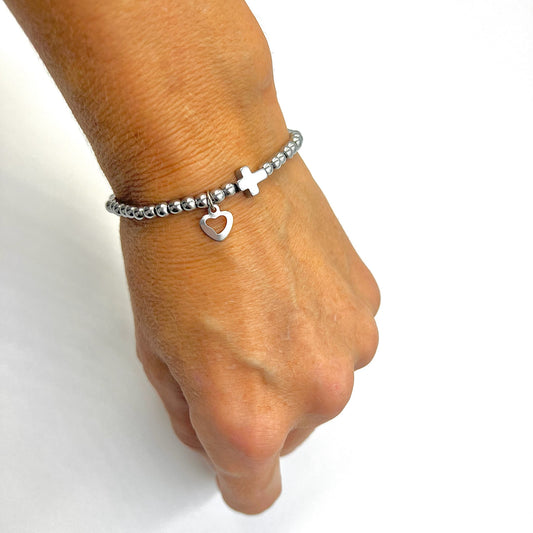 Beaded Bracelet with Cross Connector - Choose Gemstone/Colour, Charm & Personalisation