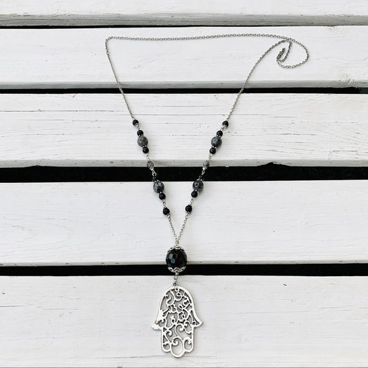 Chain & Beaded Necklace with Hand of Fatima Pendant - Choose Gemstones/Colour