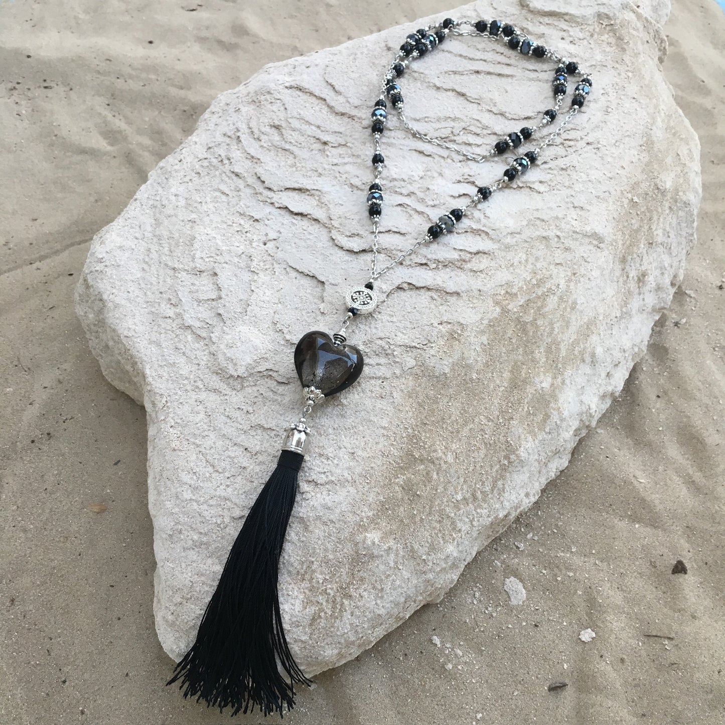 Black Onyx & Crystal Necklace with Tassel