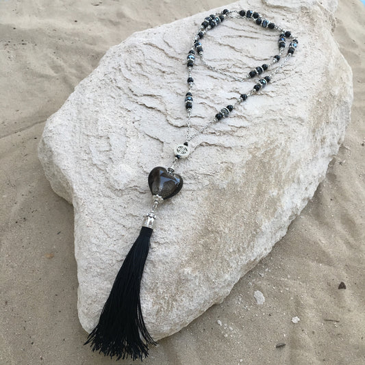 Black Onyx & Crystal Necklace with Tassel