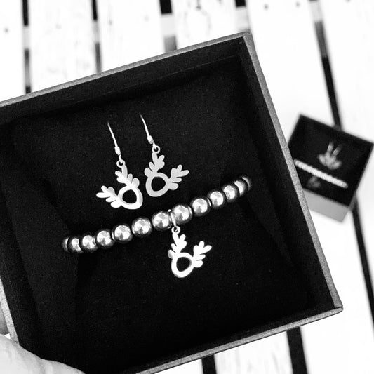 Reindeer Head Silver Hematite Bracelet (Make it a set with earrings)