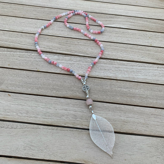 Pink Mix Beaded Necklace with Silver Filagree Leaf Pendant