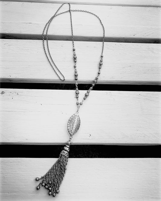 Silver Beaded & Chain Necklace with Beaded Tassel