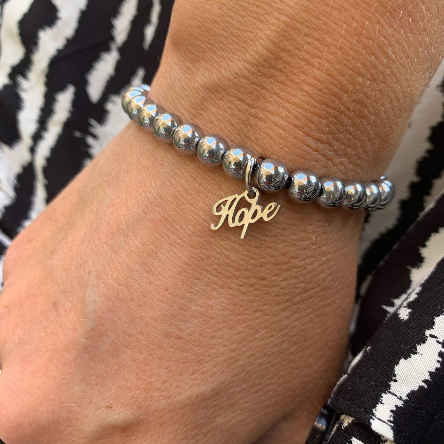 Unisex Silver Hematite 6mm Beaded Bracelet - Choose Charm & Personalisation