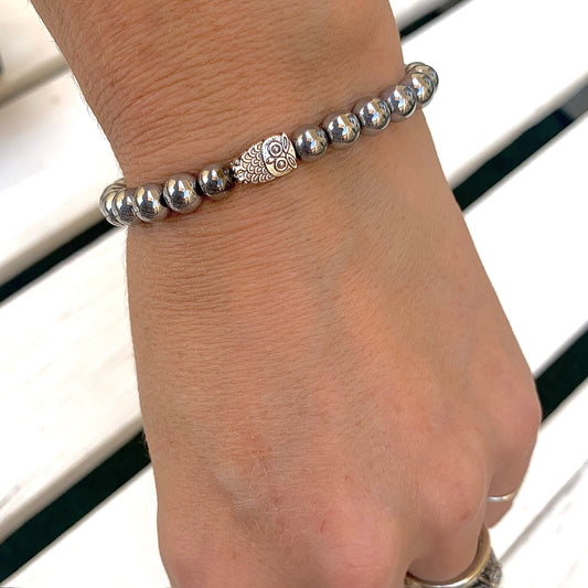 Beaded Bracelet with Owl Connector - Choose Gemstone/Colour, Charm & Personalisation