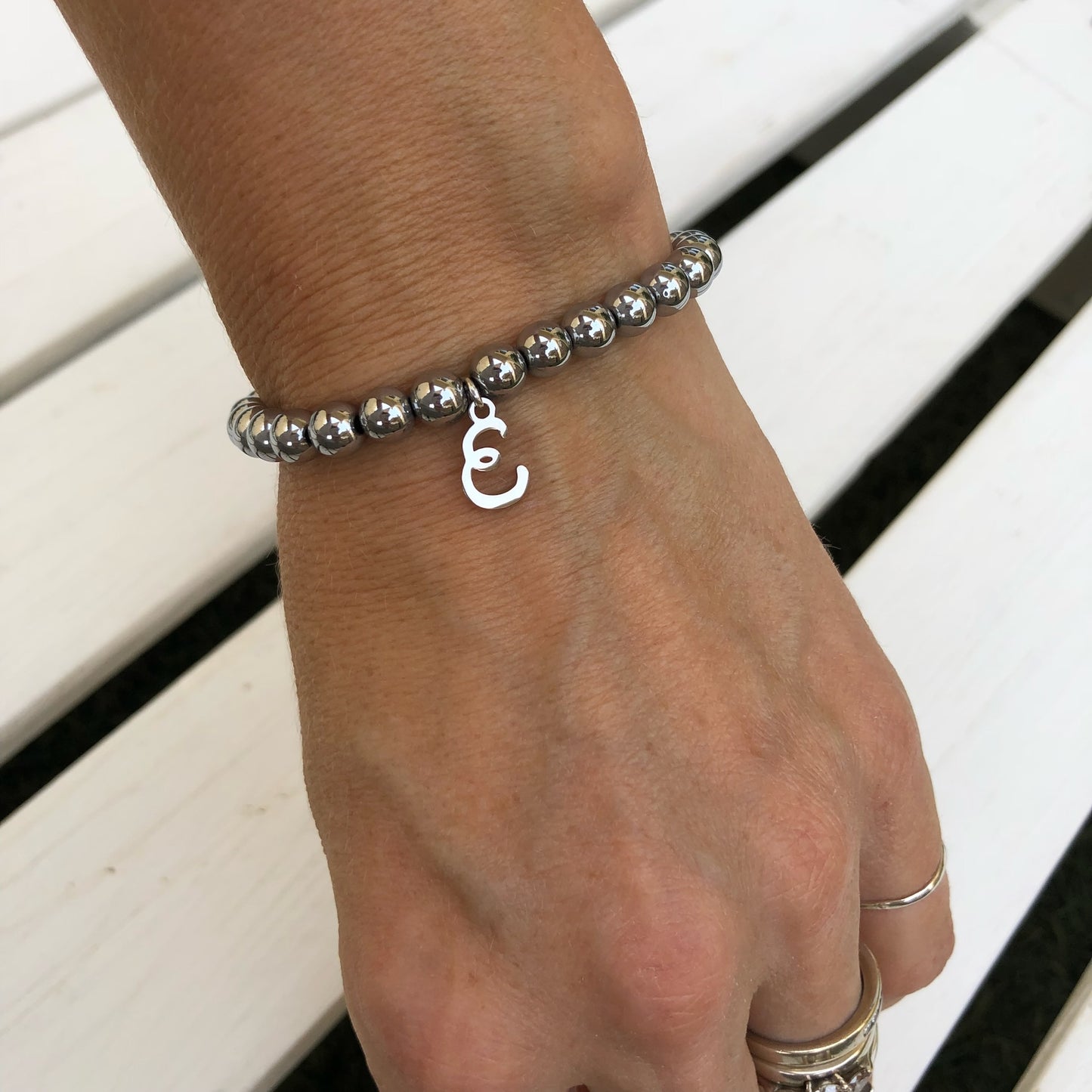 Unisex Silver Hematite 6mm Beaded Bracelet - Choose Charm & Personalisation