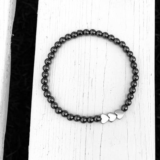 Natural Hematite Beaded Bracelet with 3 Heart Connectors - Choose Charm & Personalisation