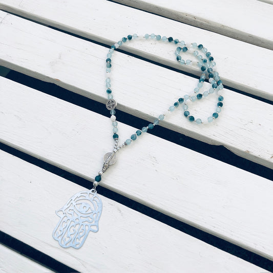 Beaded Necklace with Hand of Fatima Pendant - Choose Gemstones/Colour
