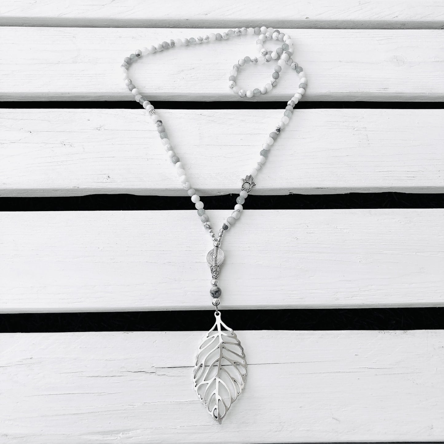 Beaded Necklace with Leaf Pendant -Choose Gemstone/Colour