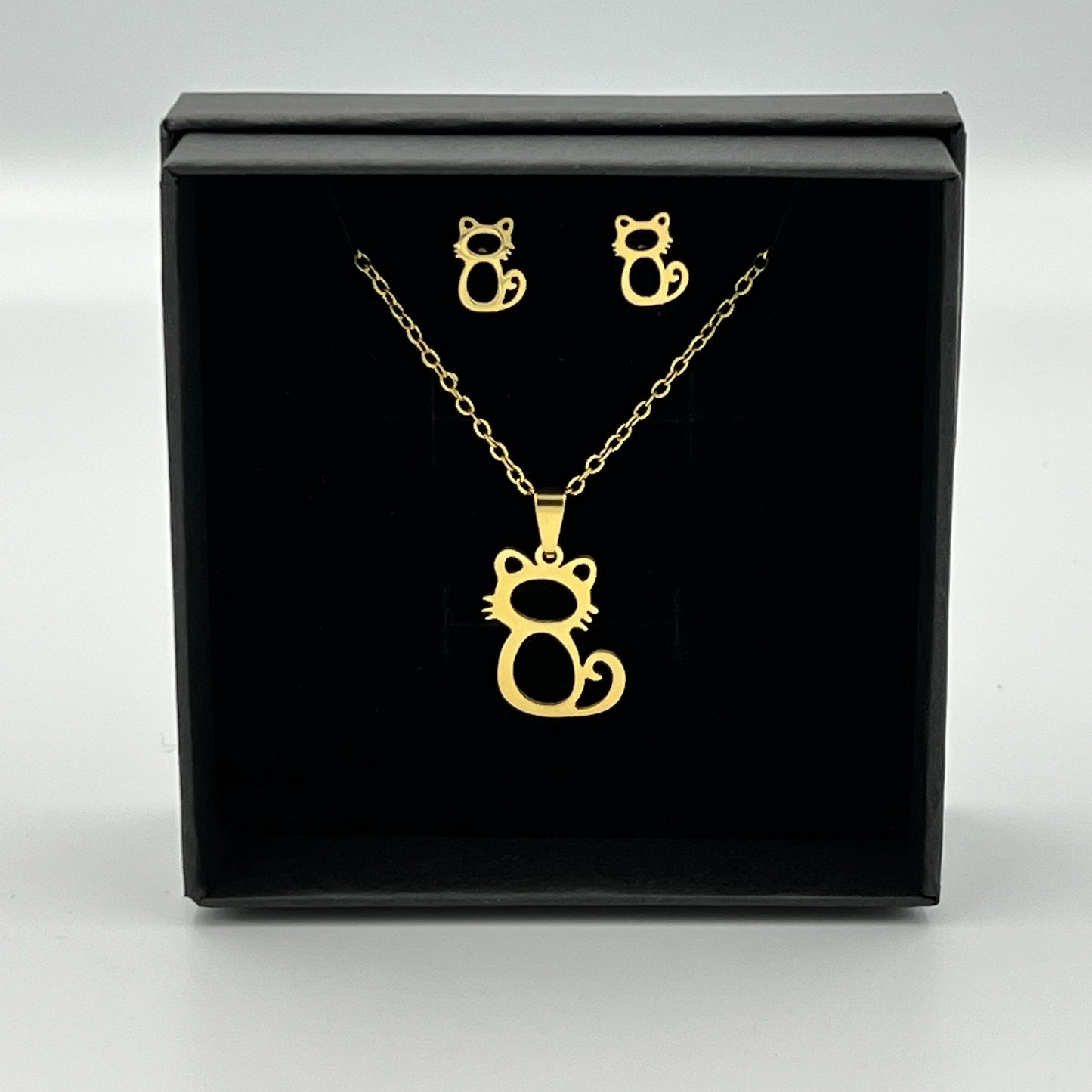 Silver or Gold Cat Necklace & Earring Set