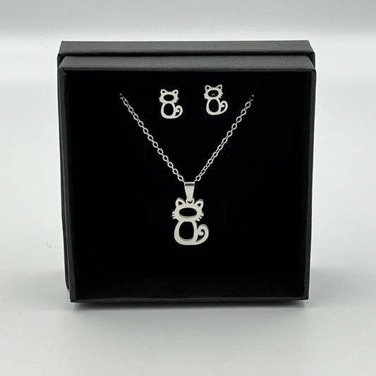 Silver or Gold Cat Necklace & Earring Set