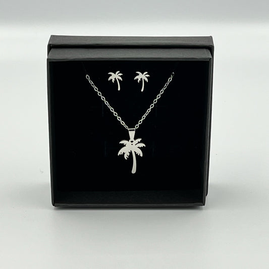 Silver or Gold Palm Tree Necklace & Earring Set