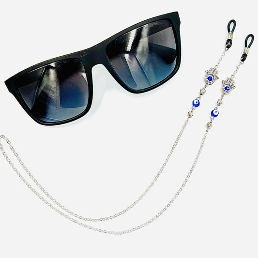 Glasses Chain - Silver Hand of Fatima & Evil Eye Beads with Personalisation option