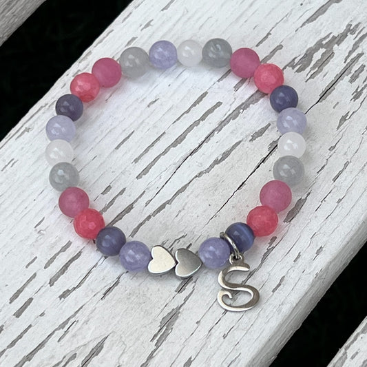 Purple/Pink Mix Beaded Bracelet with Heart connectors - Choose Charm & Personalisation