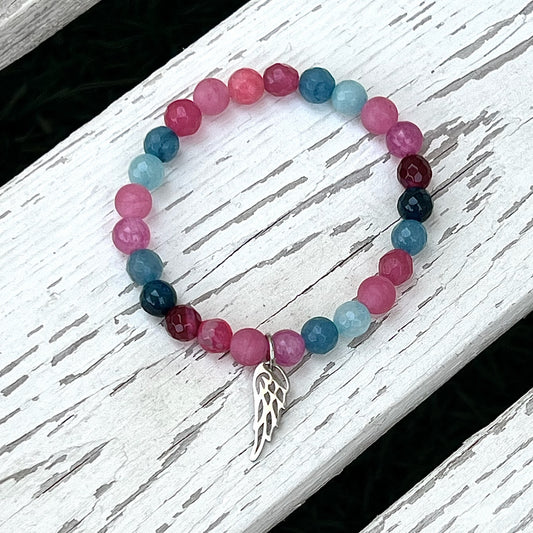 Pink & Blue Agate Beaded Bracelet - Choose Charm & Personalisation