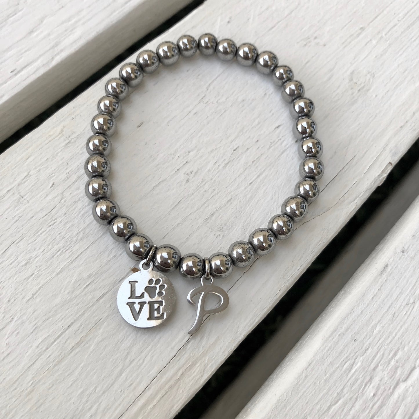 Unisex Silver Hematite 6mm Beaded Bracelet - Choose Charm & Personalisation