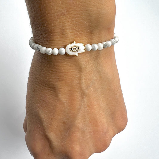 Beaded Bracelet with White Hand of Fatima Connector - Choose Gemstone/bead colour