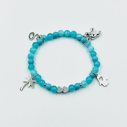 Beaded Charm Bracelet - Choose Gemstone/Colour, Heart Connectors & Charms