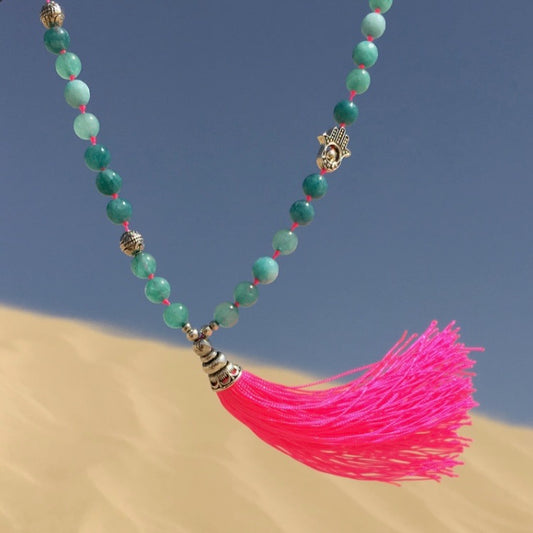 Beaded Hot Pink Tassel Necklace - Choose Gemstone/Colour