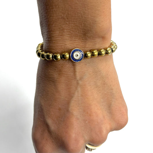 Beaded Bracelet with Blue Evil Eye Connector - Choose Gemstones/Colour
