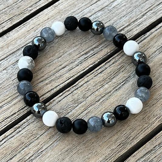 Unisex Howlite/Onyx/Natural Hematite/Lava/Grey Agate Beaded Bracelet