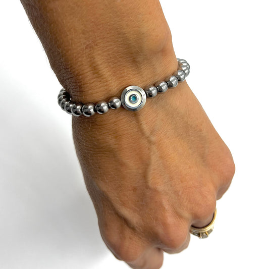 Beaded Bracelet with Silver Evil Eye Connector - Choose Gemstone/Colour
