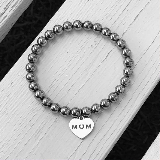 Beaded Bracelet with Mum Heart - Choose Gemstone/colour & Personalisation Option