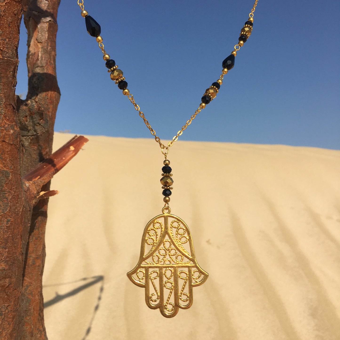 Gold & Black Crystal Necklace with Hand of Fatima