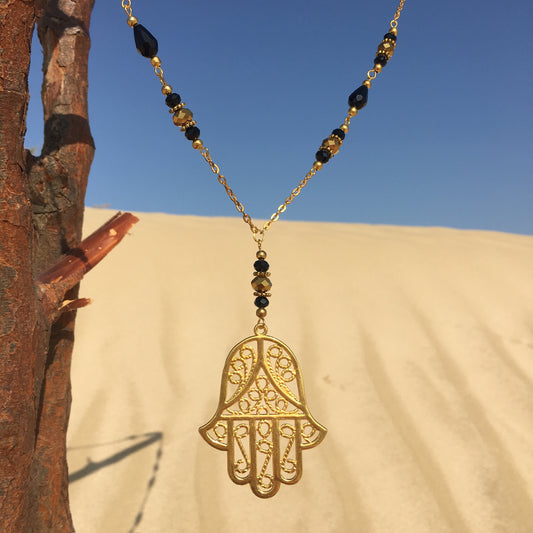 Gold & Black Crystal Necklace with Hand of Fatima