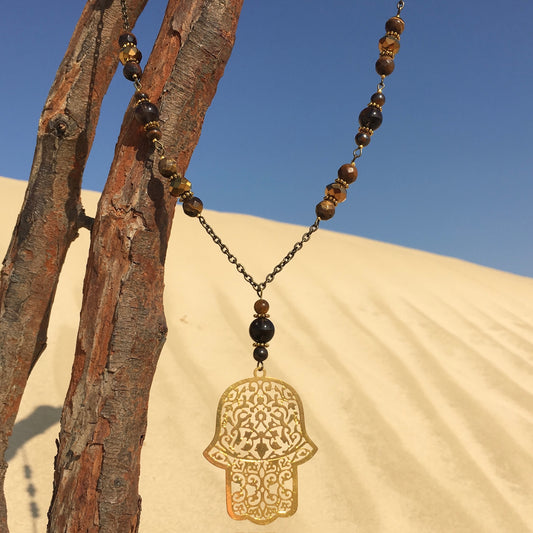 Tiger's Eye & Crystal Necklace with Hand of Fatima Pendant