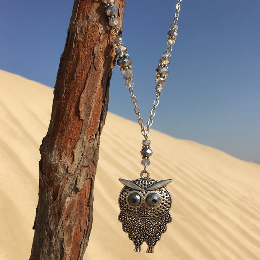 Silver Crystal Necklace with Owl Pendant