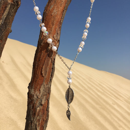Pearl & Crystal Necklace with Leaf Drop Pendant