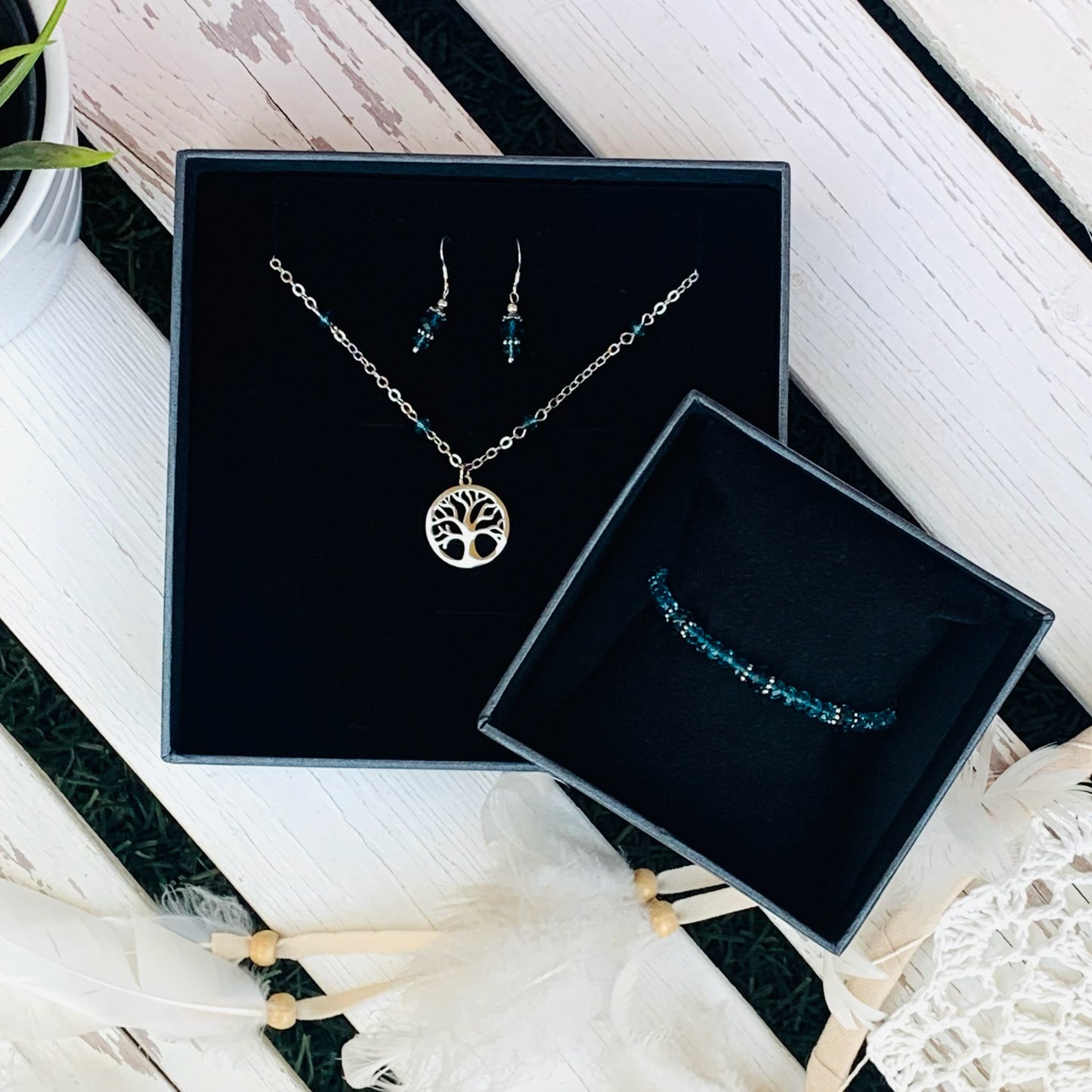 Silver & Crystal Necklace, Bracelet & Earring Set - Choose colour/pendant & bracelet size