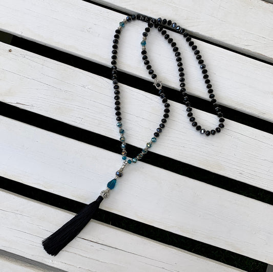Black Crystal Beaded Necklace with Tassel