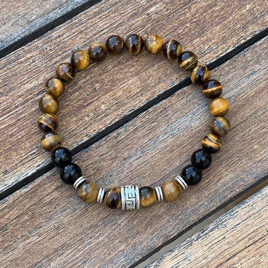 Unisex Tigers Eye and Onyx Beaded Bracelet