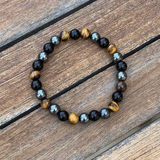 Unisex Tigers Eye/Onyx/Natural Hematite Beaded Bracelet