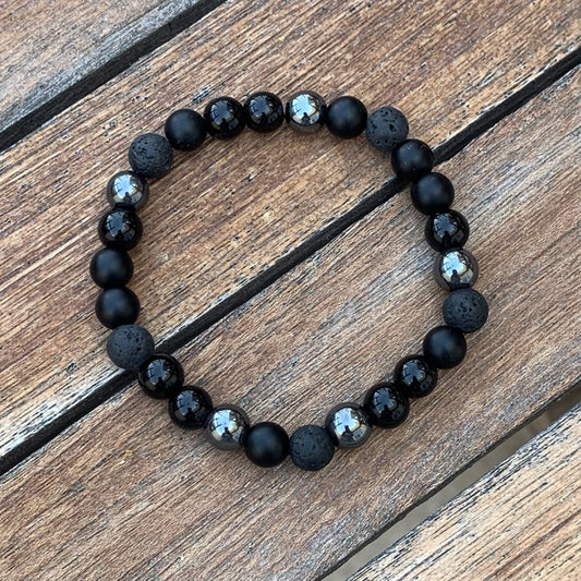 Unisex Onyx/Lava/Natural Hematite Beaded Bracelet