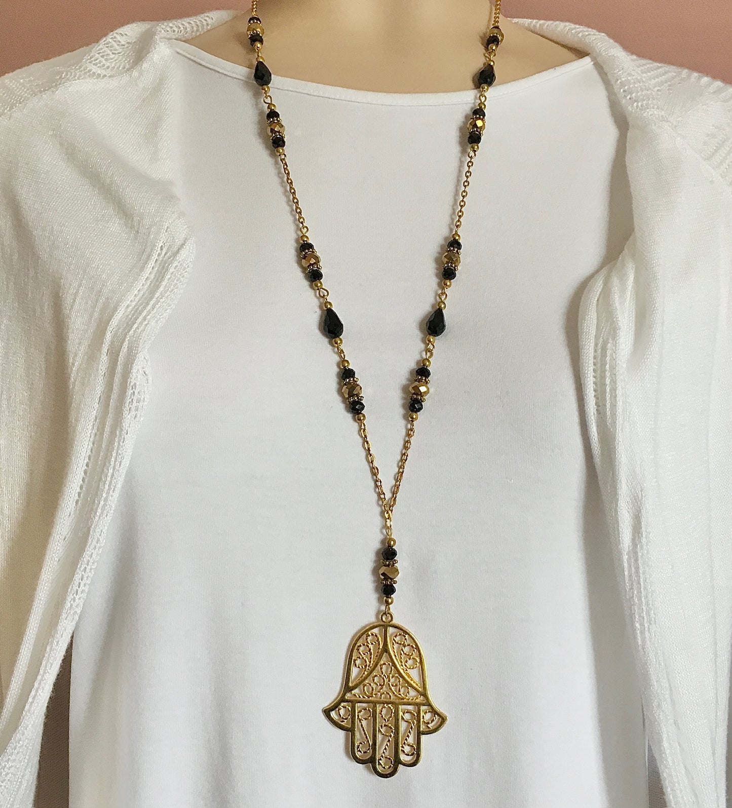 Gold & Black Crystal Necklace with Hand of Fatima