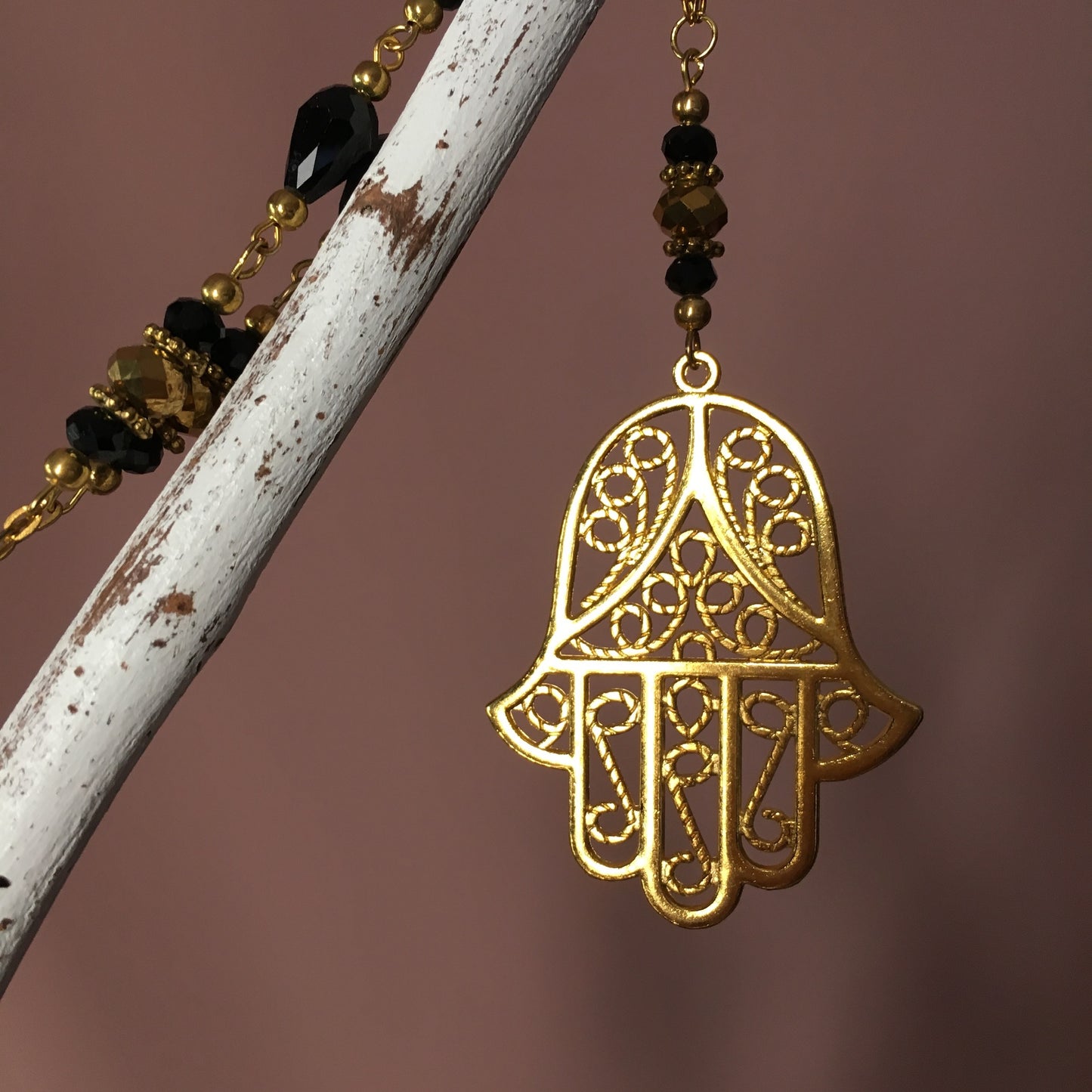 Gold & Black Crystal Necklace with Hand of Fatima