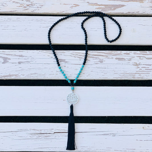 Beaded Tassel Necklace with Lotus Flower - Choose Gemstones/Colour