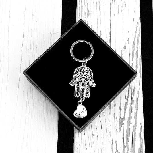 Hand of Fatima Keyring with Aunt Heart